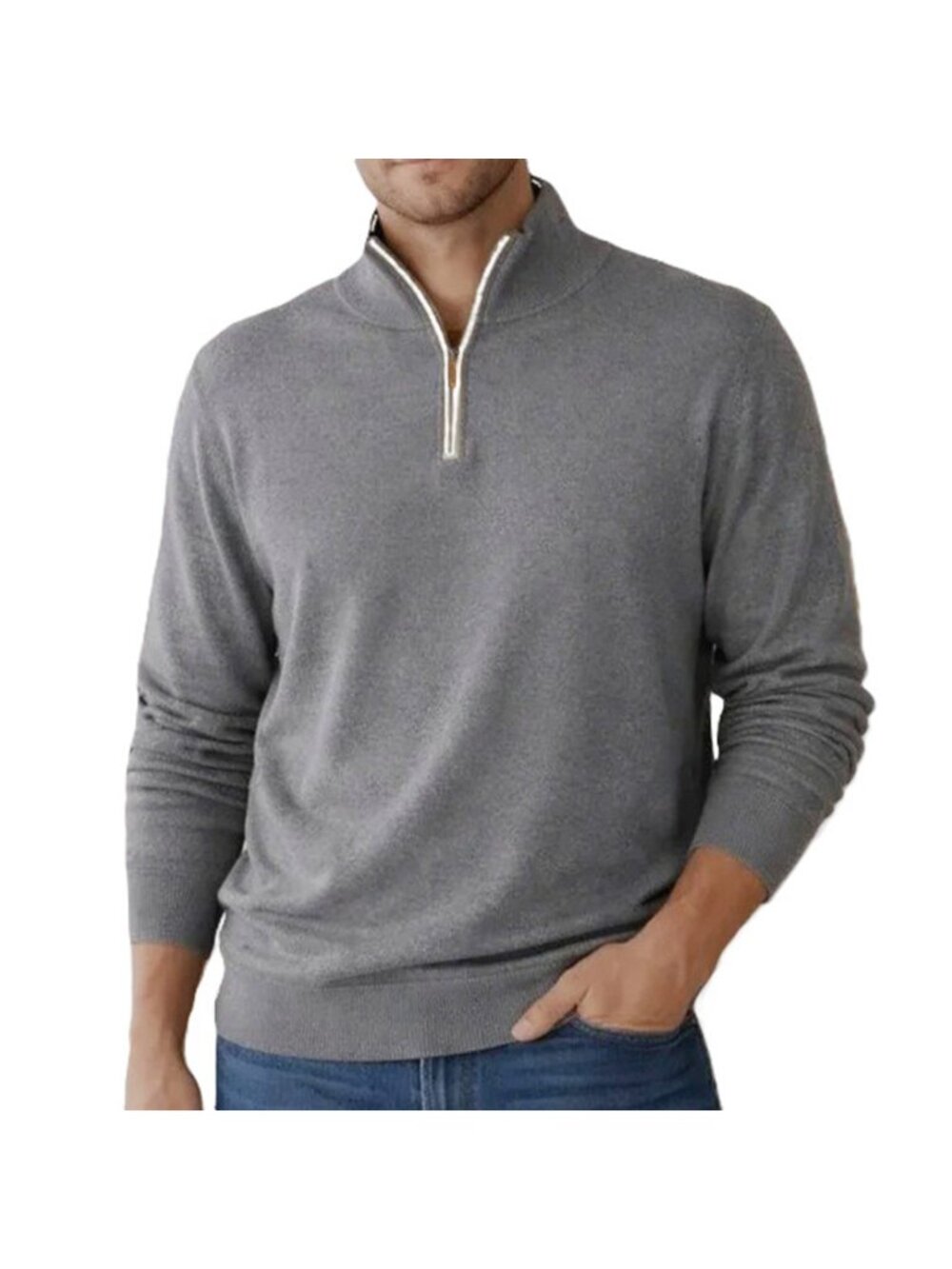 Collars & Co Men's Luxury Touch Cotton Cashmere 1/4 Zip Sweater Gray Size Medium